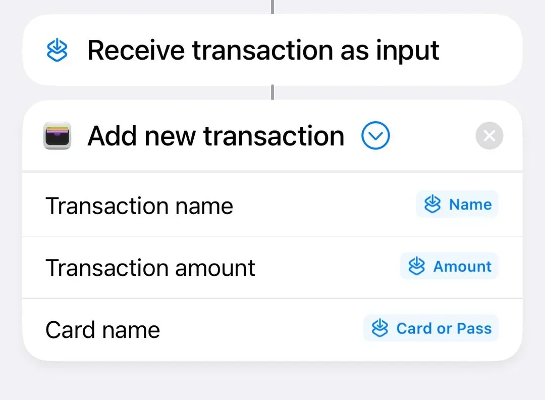 WalletPal transaction name, amount and card name fields mapped from Shortcut input