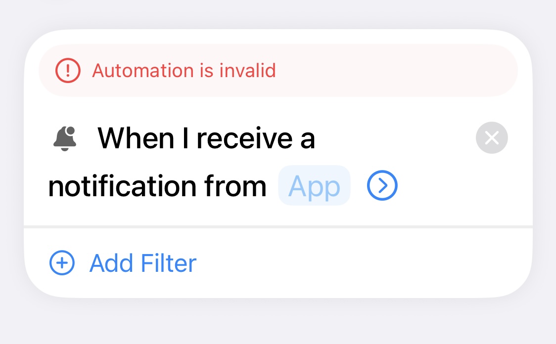 Apple Shortcuts notification automation before selecting the source app