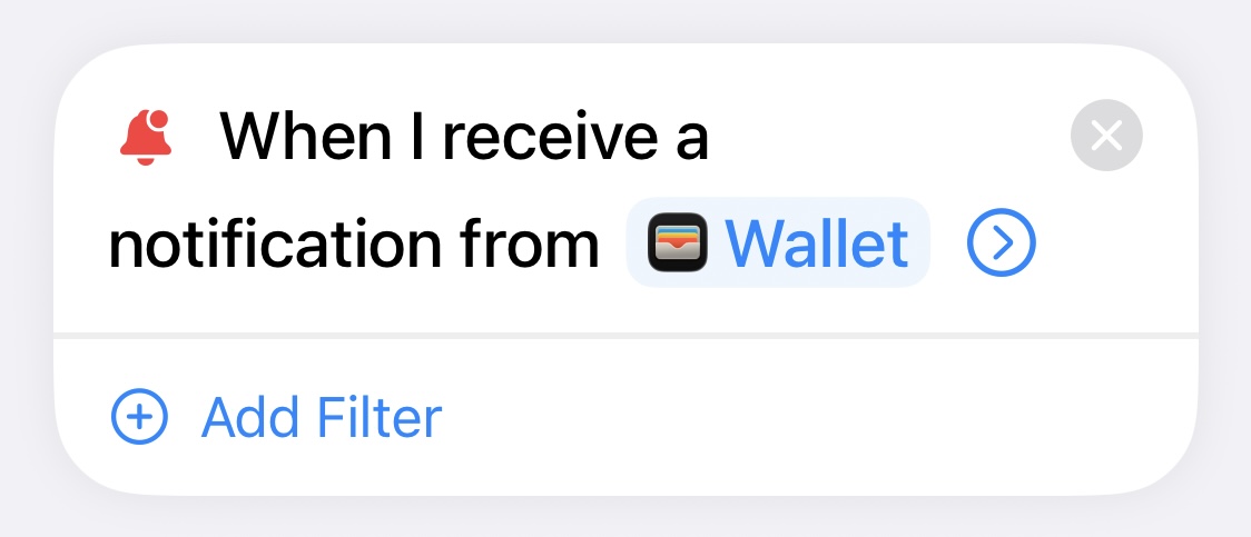 Apple Shortcuts notification automation with Wallet selected as the source app