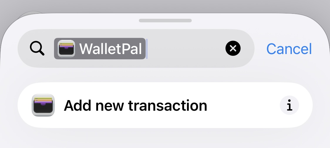 WalletPal Add new transaction action in Apple Shortcuts