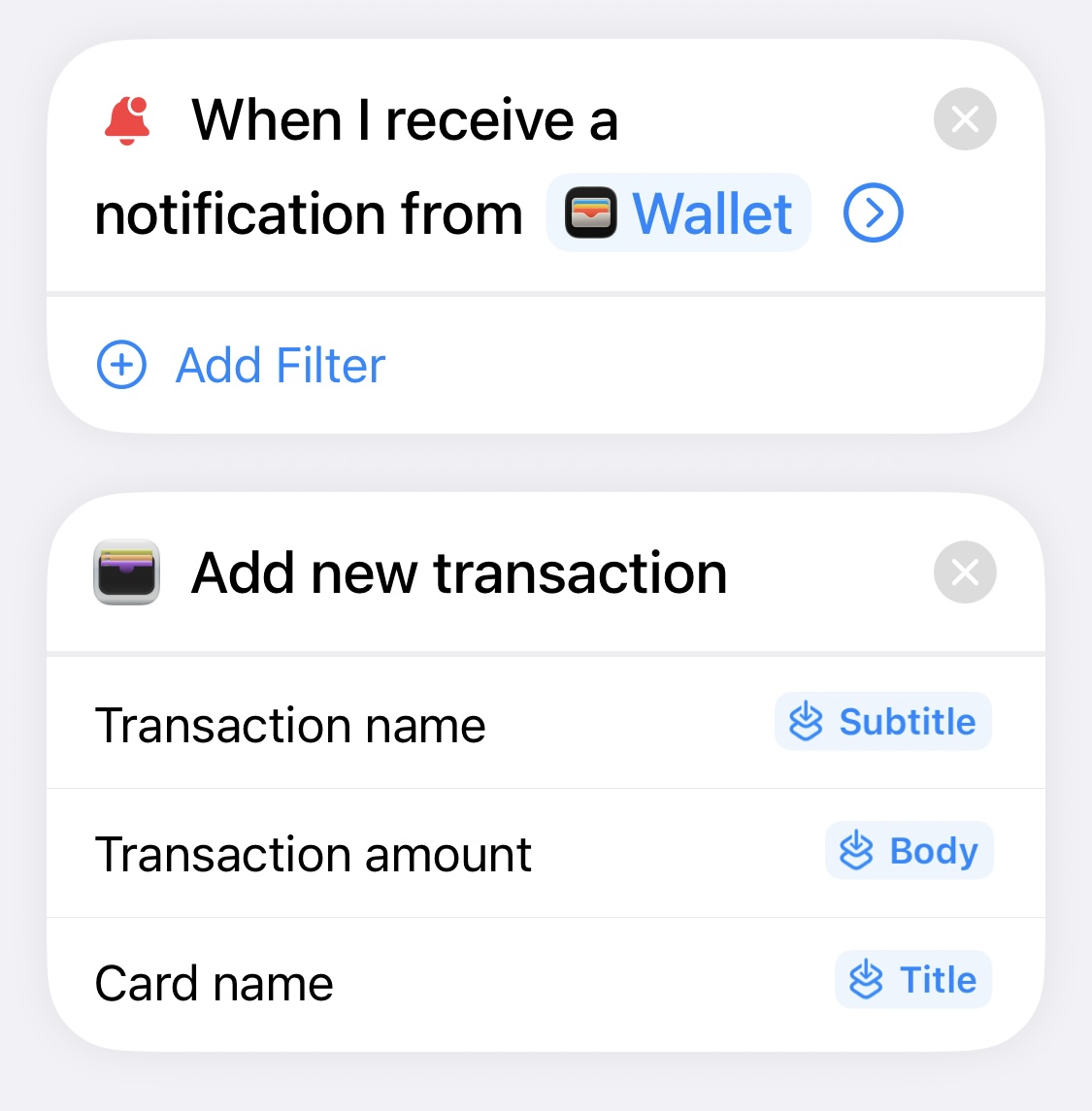 WalletPal fields mapped to notification subtitle body and title in Shortcuts