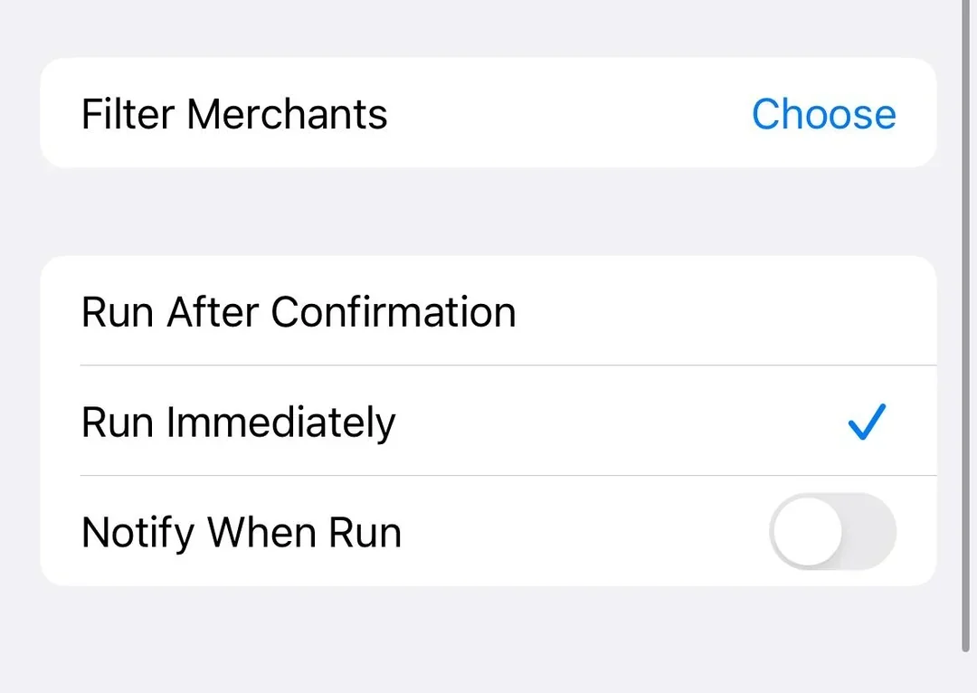Shortcuts automation set to Run Immediately